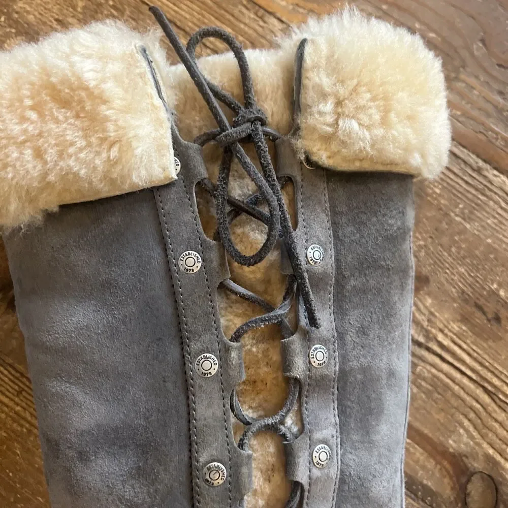 UGG Australia Tall Shearling Lace-Up Boots Gray Suede Women’s Size 8 (EU 39)